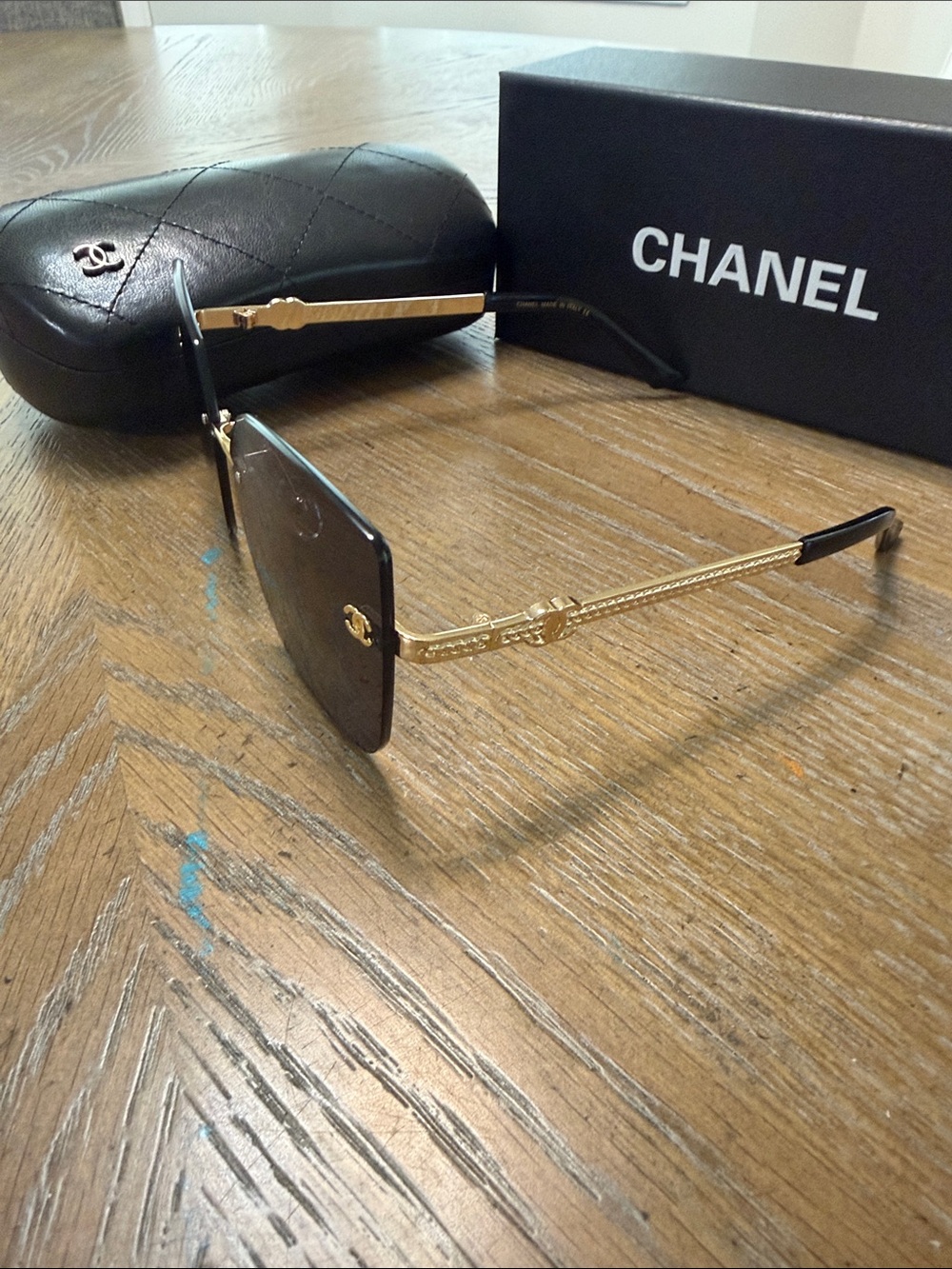 CHANEL Rimless Square Sunglasses in Black and Gold Accents - Picture 6 of 10